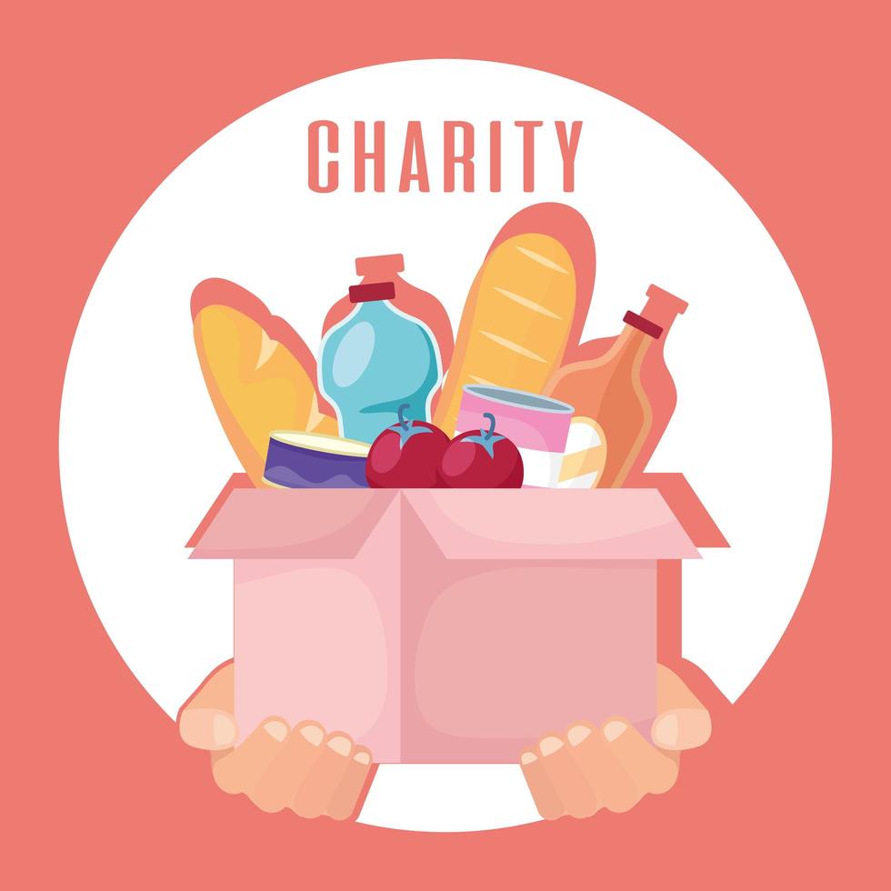Caja de caridad y donación con comida. vector