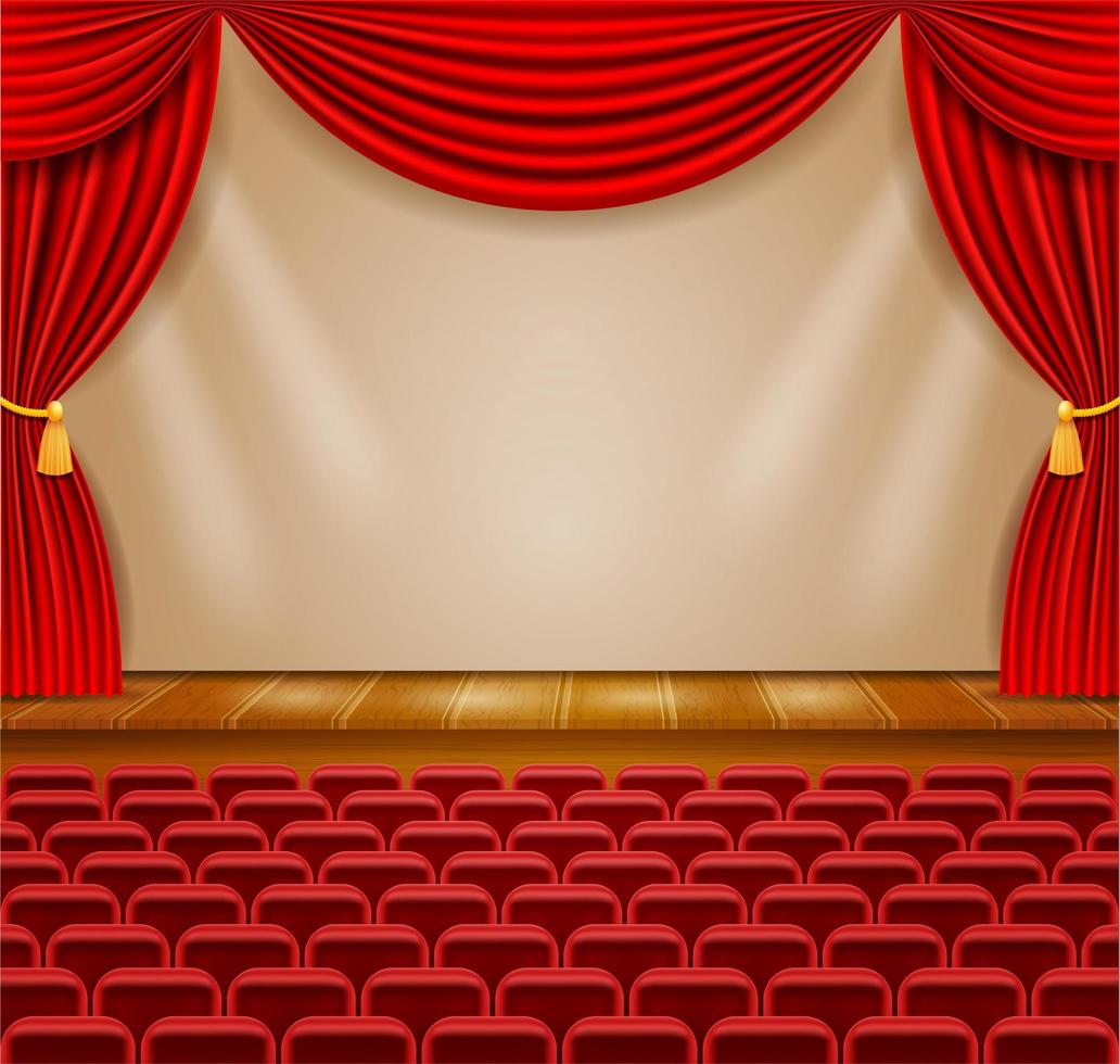 Theater stage in the hall with curtains and armchairs vector