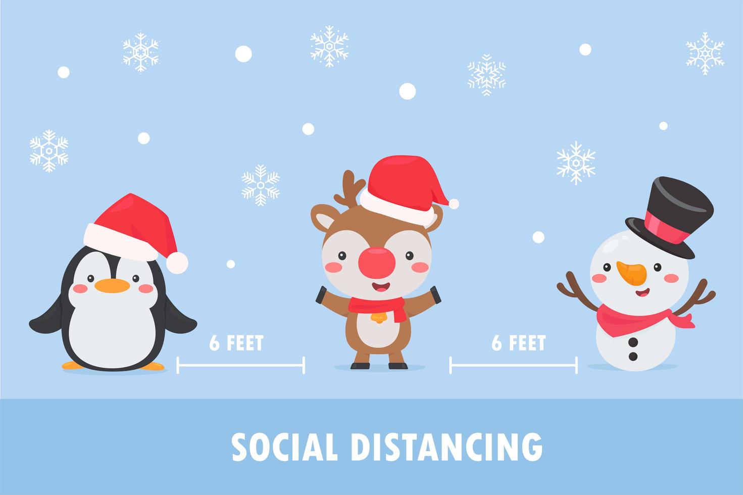 los personajes navideños hacen distanciamiento social vector