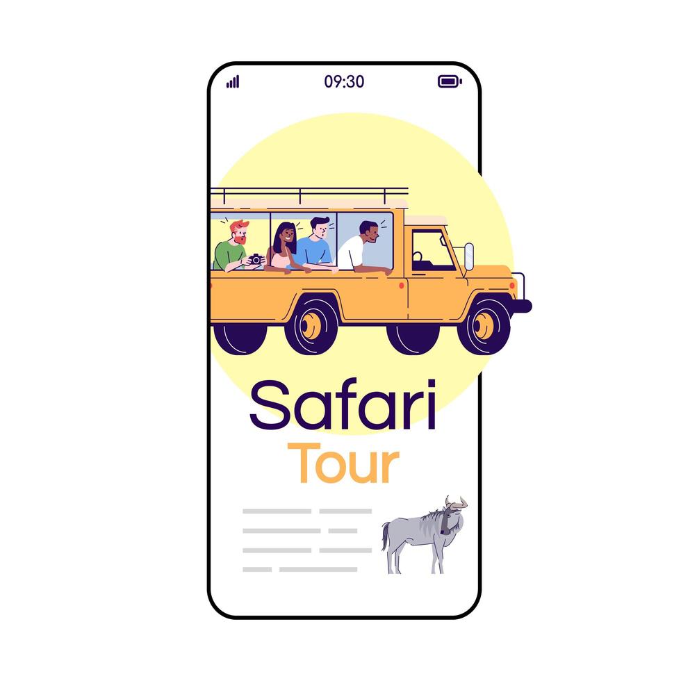 Safari tour cartoon smartphone app screen. vector