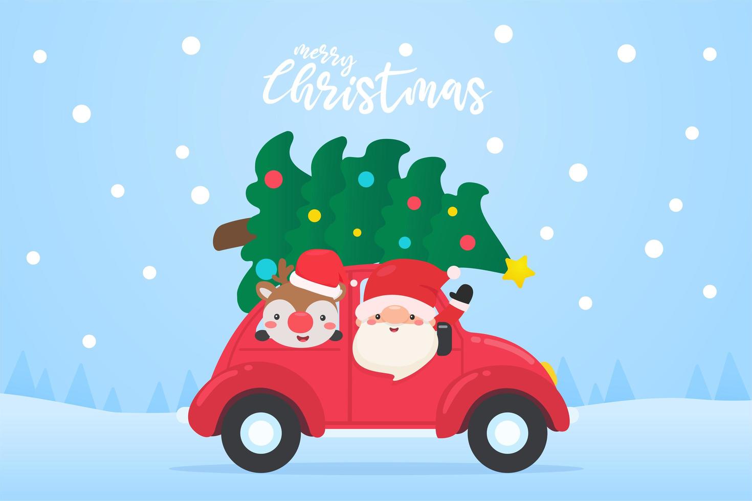 Santa and reindeer drive red car with Christmas tree vector