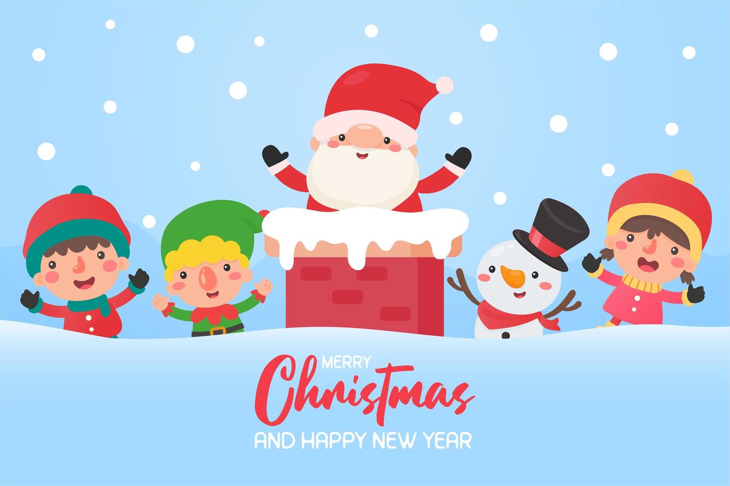 Cartoon Santa in chimney and friends on roof vector