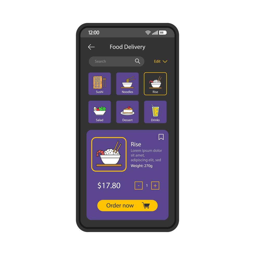 Food delivery smartphone app interface vector