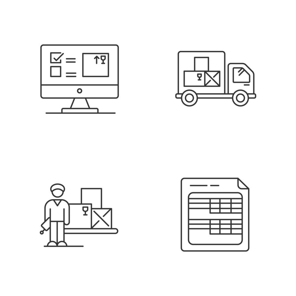 Storekeeping and inventory tracking system linear icons set. vector