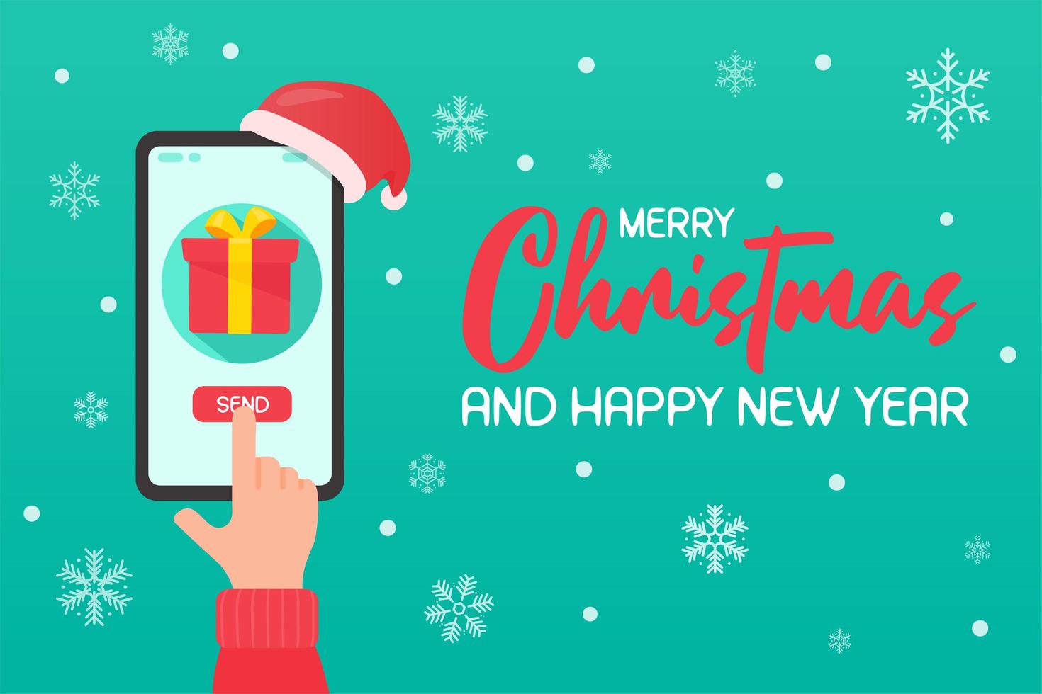 Hand pointing to phone screen to send Christmas gift vector