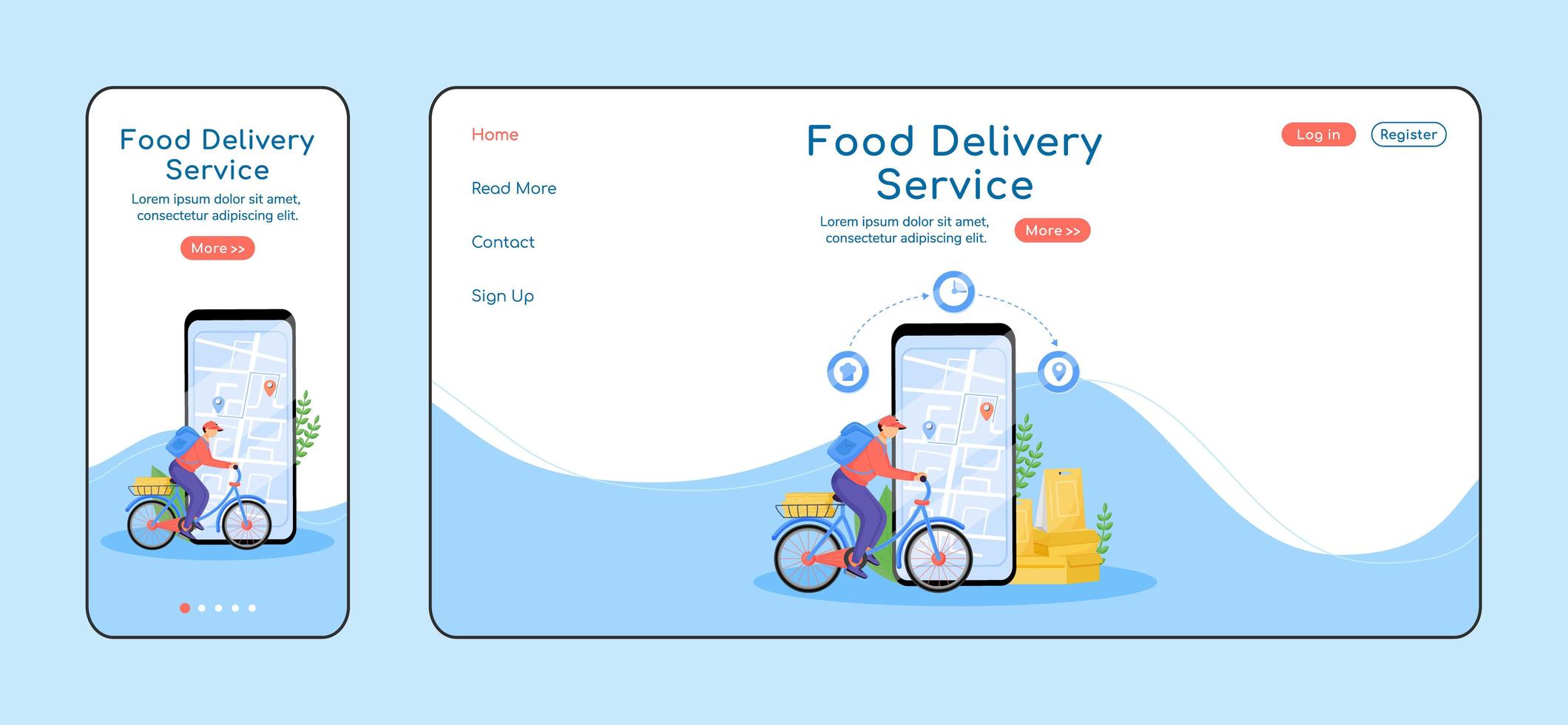 Food delivery service adaptive landing page vector