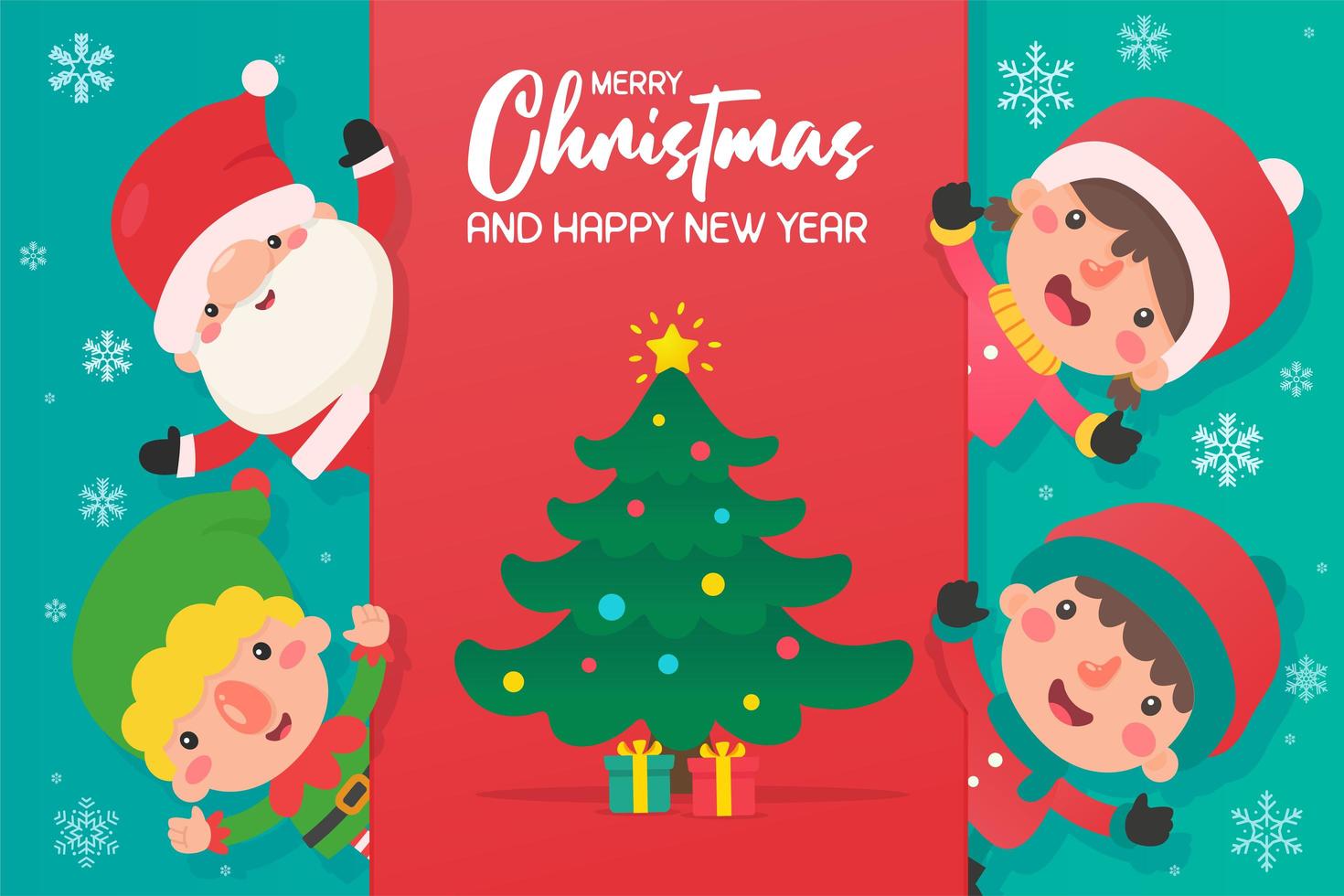 dibujos animados de santa y amigos con árbol de navidad vector