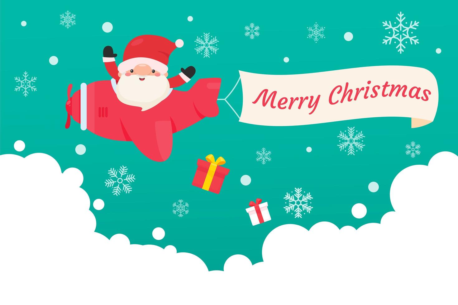 Santa drops Christmas gifts from plane vector