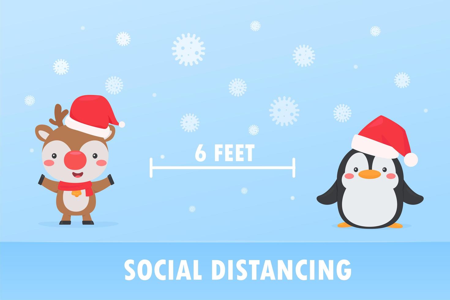 Reindeer and penguin practicing social distancing vector