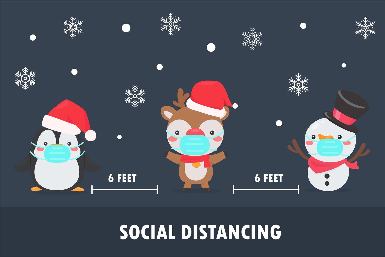 Penguin, reindeer and snowmen wear masks and socially distance vector