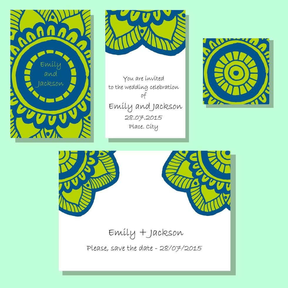 Flower hand drawn mandala wedding invitations set vector