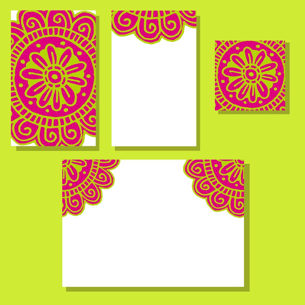 Flower mandala wedding invitations set in hand drawn style vector