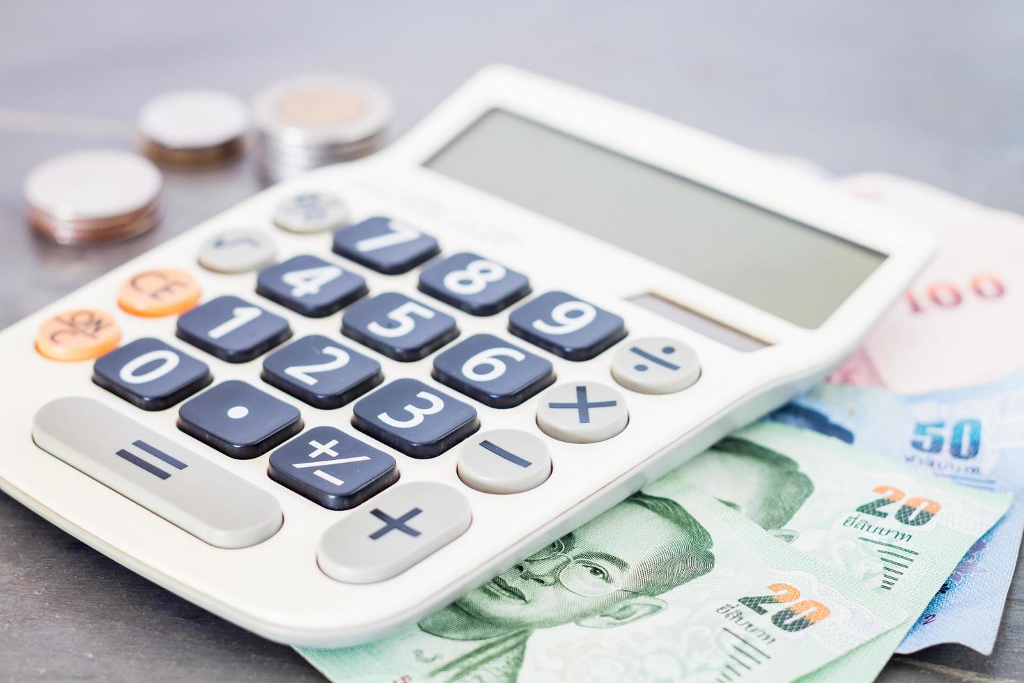 Calculator with money on a table photo