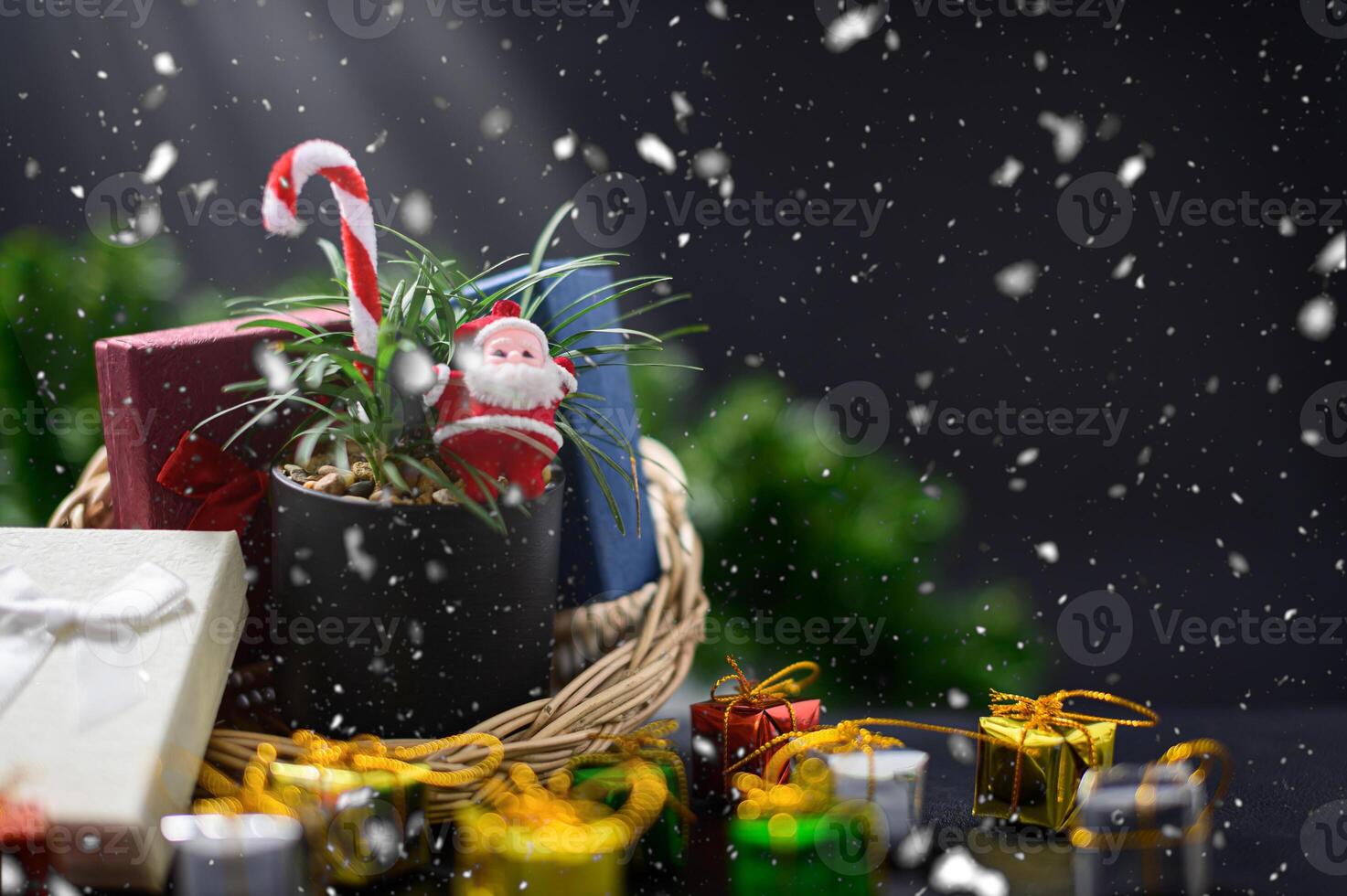 Christmas background with gifts and santa claus photo