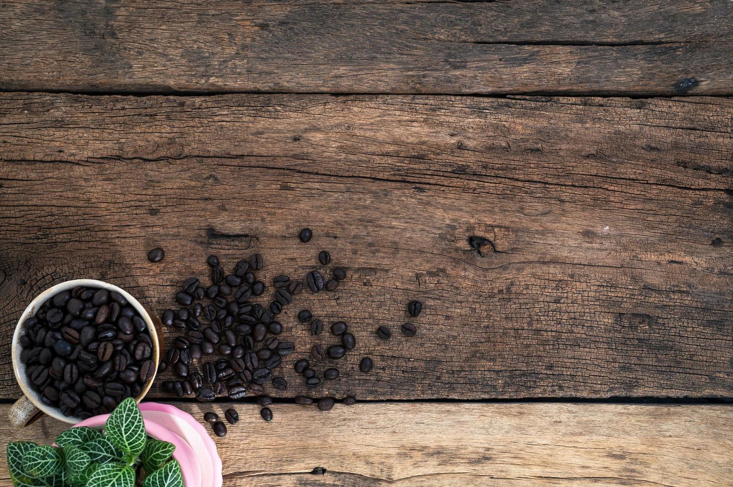 Wooden desk with coffee beans photo