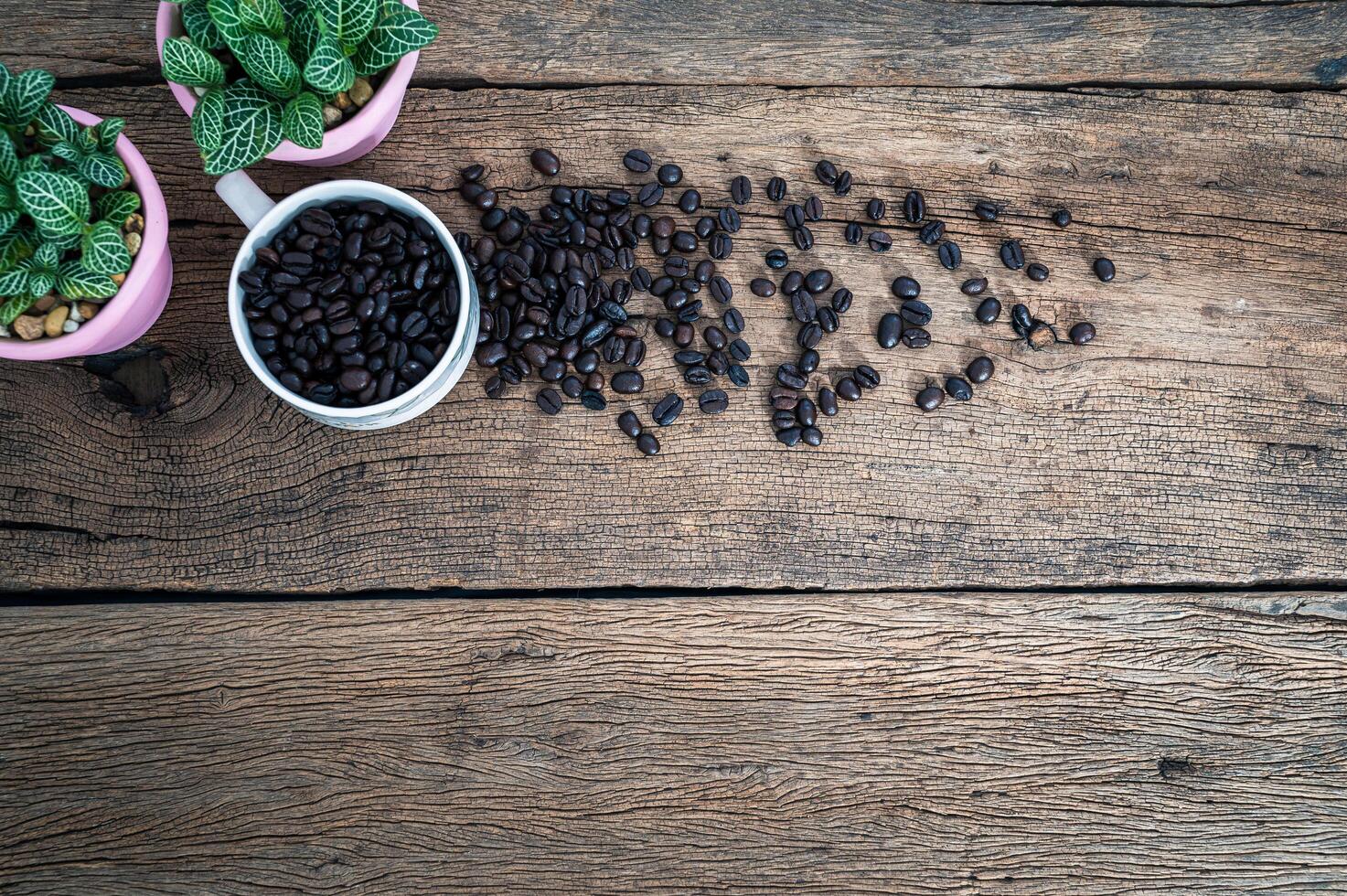Wooden desk with coffee beans photo