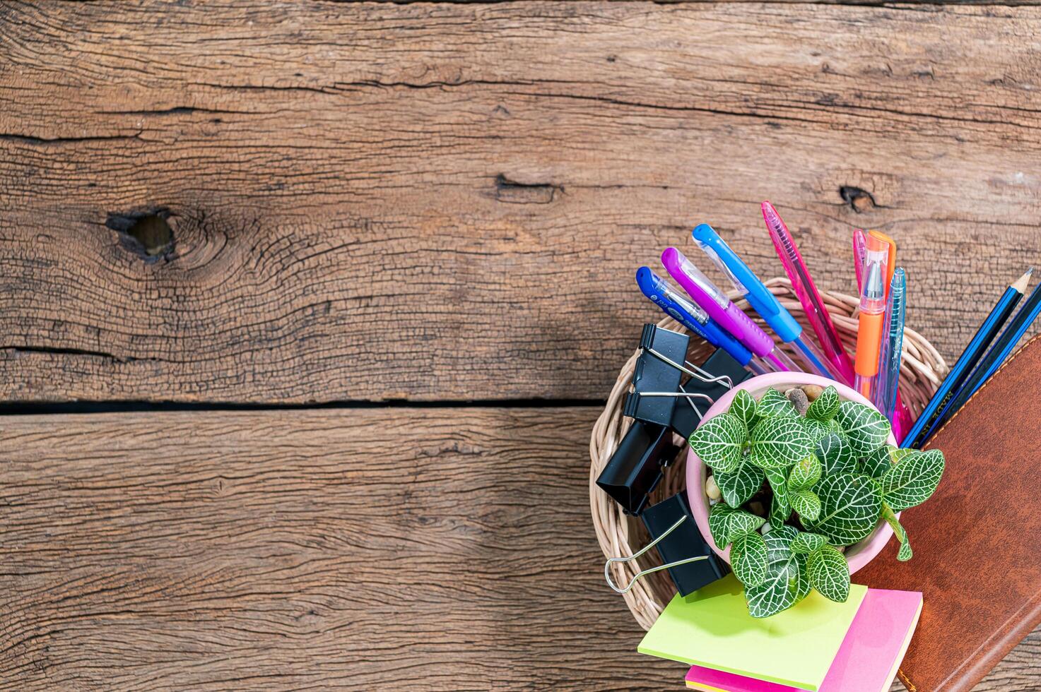 Wooden desk with stationary equipment photo