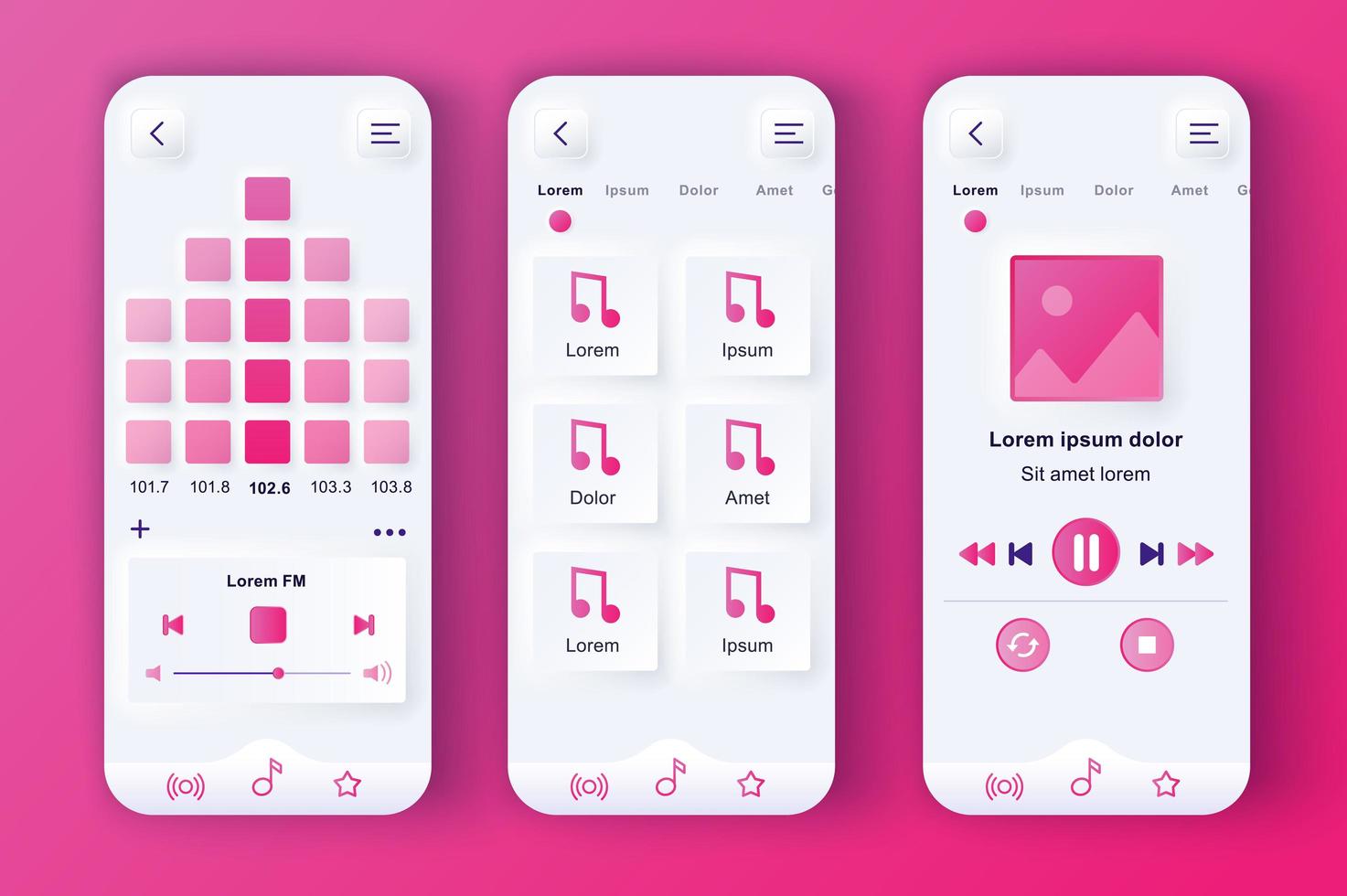 Music player unique neumorphic pink design kit vector