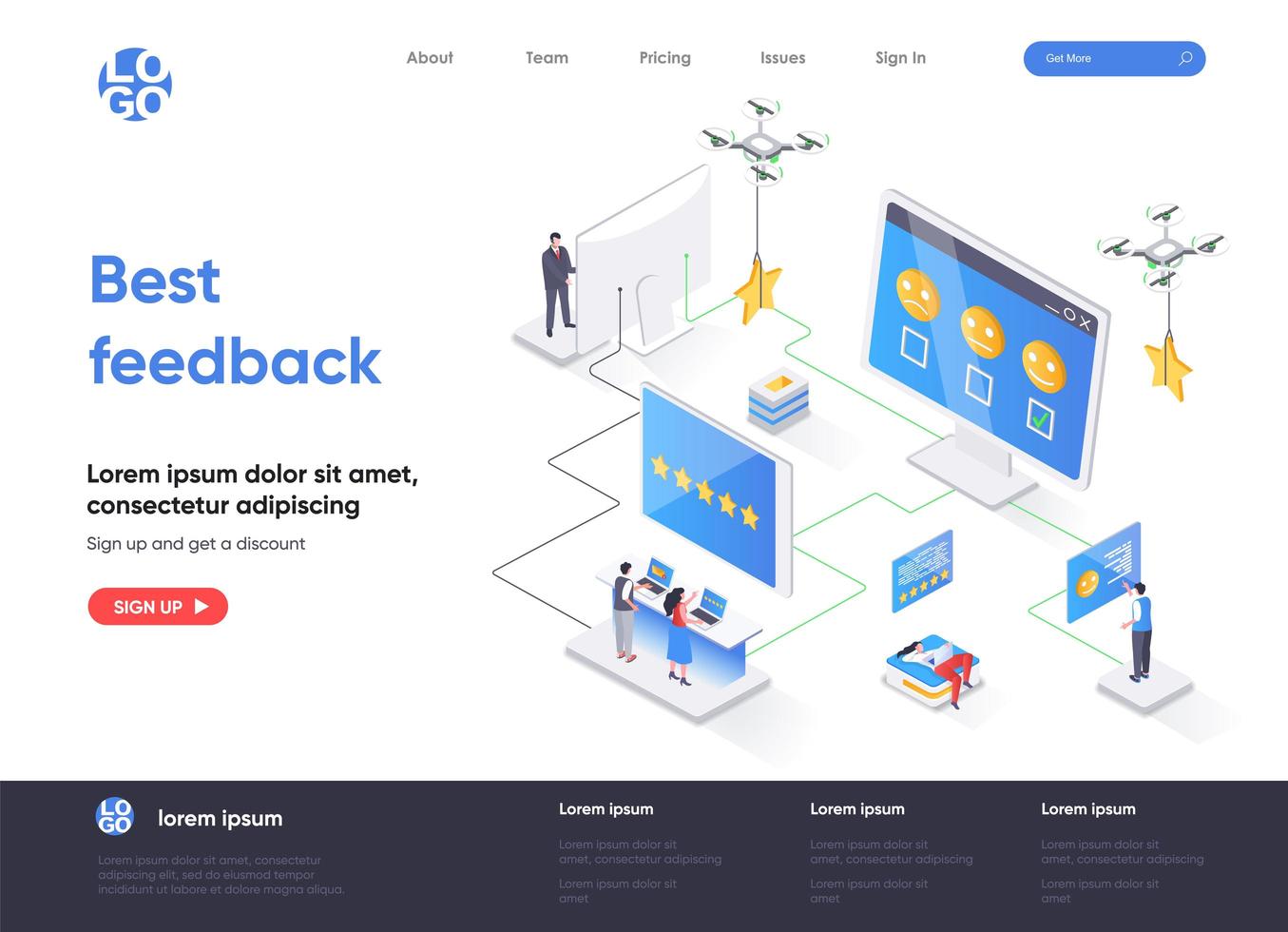 Best feedback isometric landing page. vector