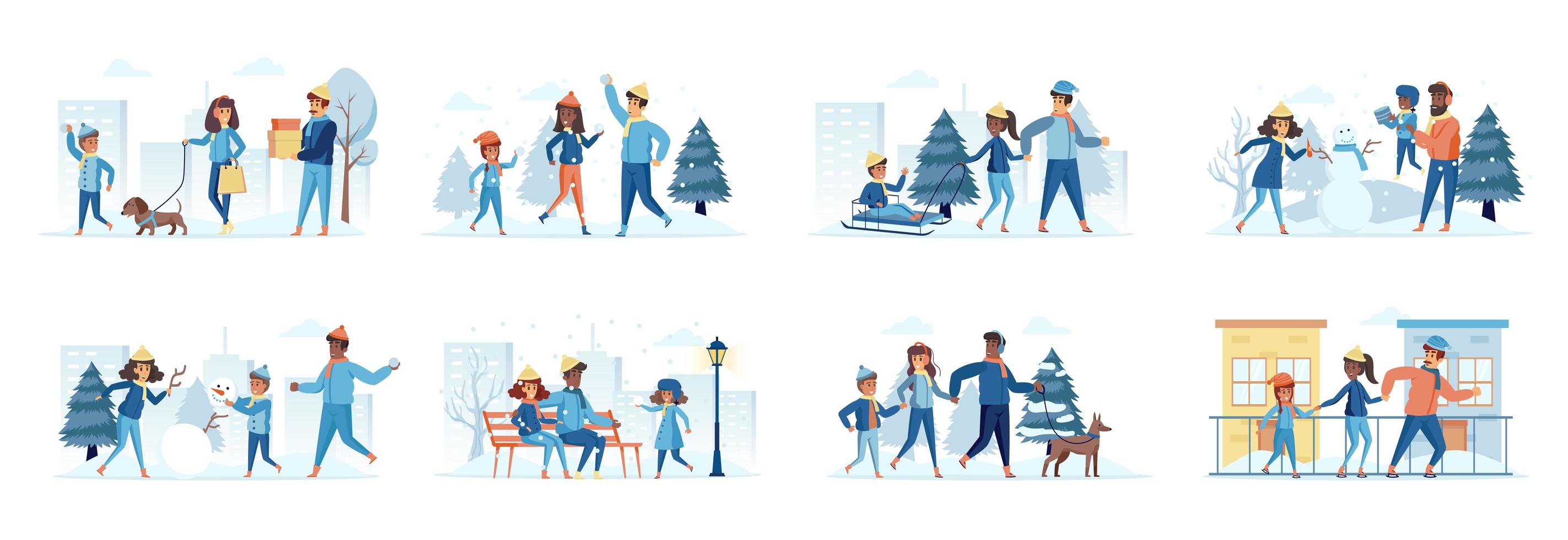 Family in winter park bundle of scenes with flat people characters vector