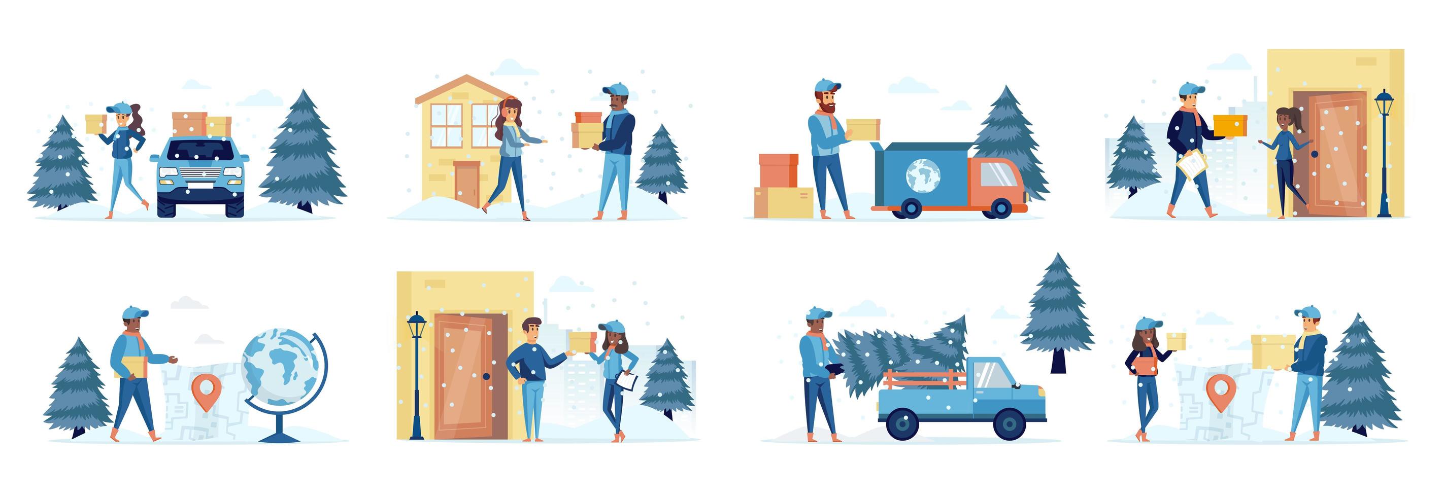 Winter delivery bundle of scenes with people vector