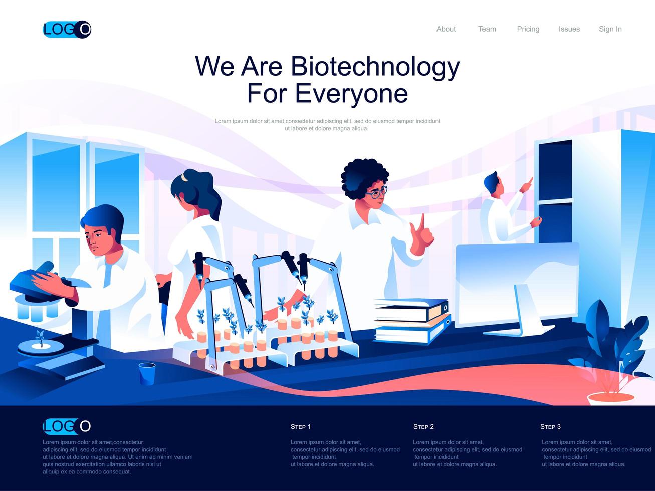 somos biotecnología para todo el mundo landing page isométrica. vector