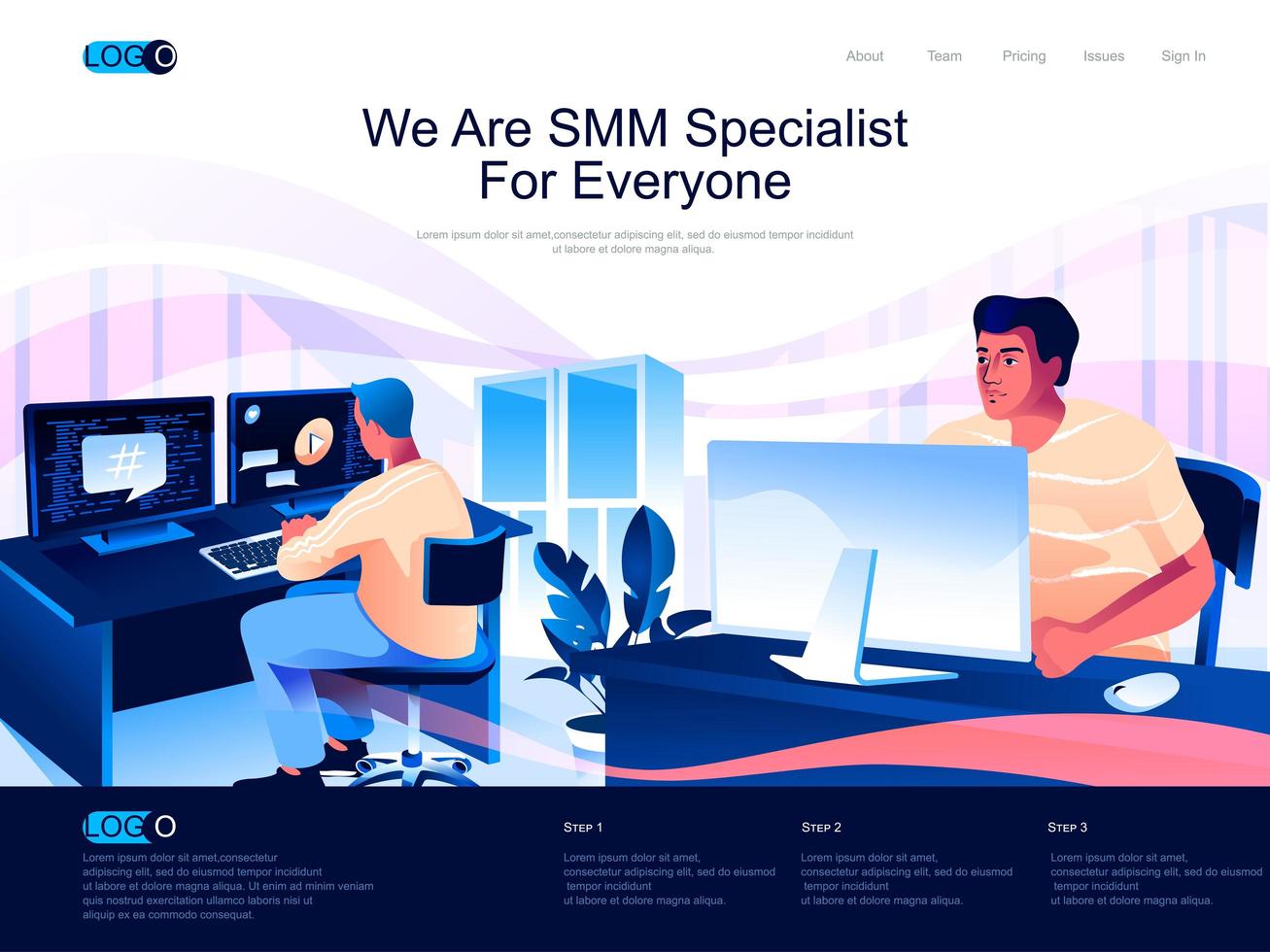 We are SMM Specialist for everyone isometric landing page. vector