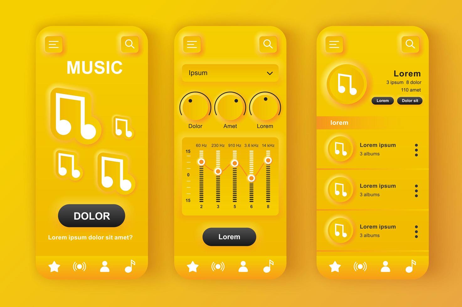 Music player unique neumorphic yellow design kit vector