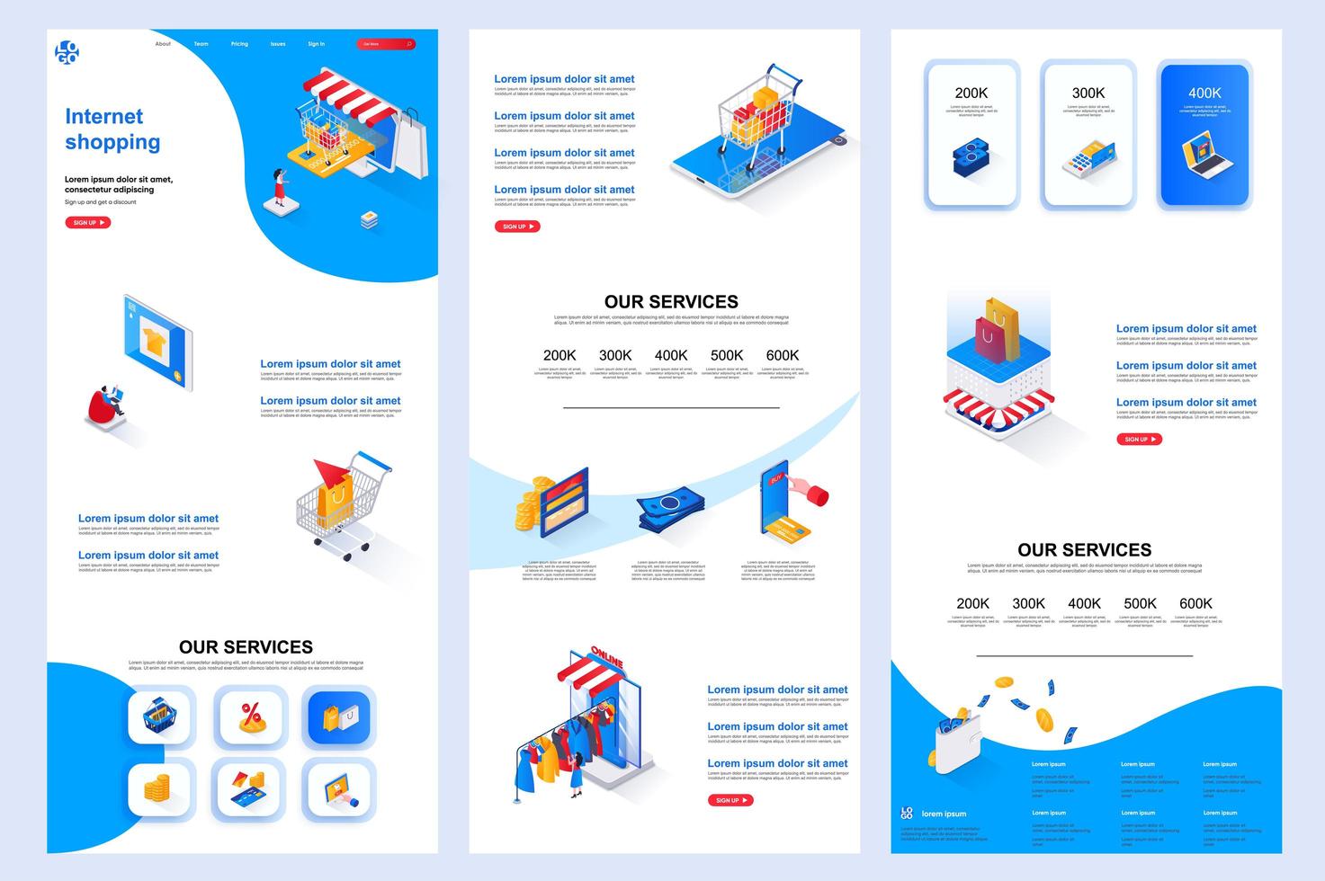 Internet shopping isometric landing page. vector