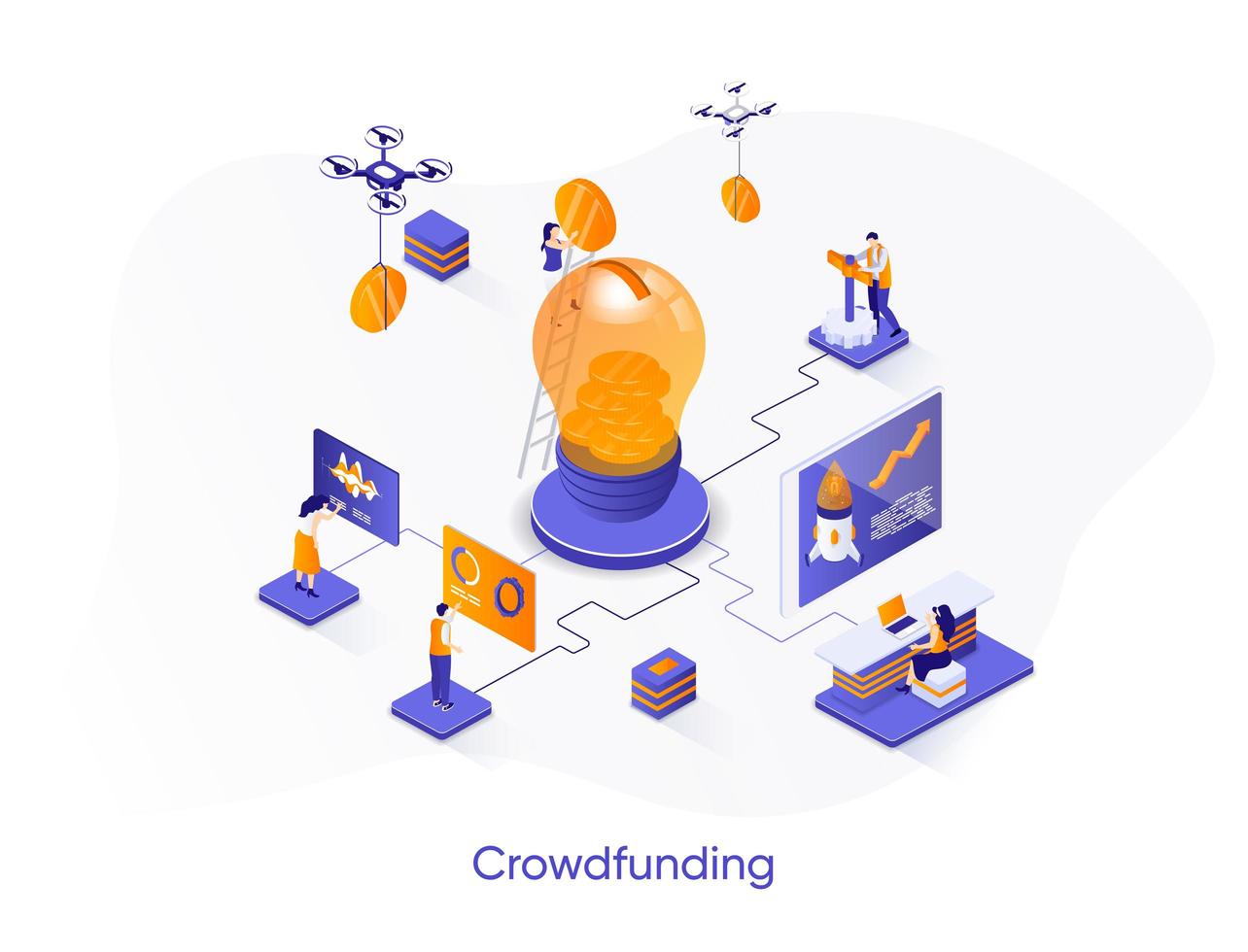 banner web isométrico de crowdfunding. vector