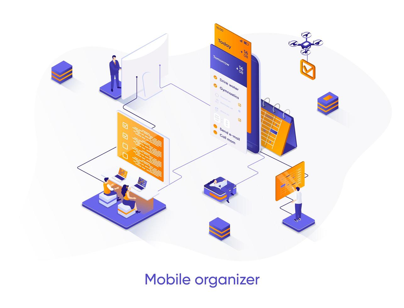 Mobile organizer isometric web banner. vector