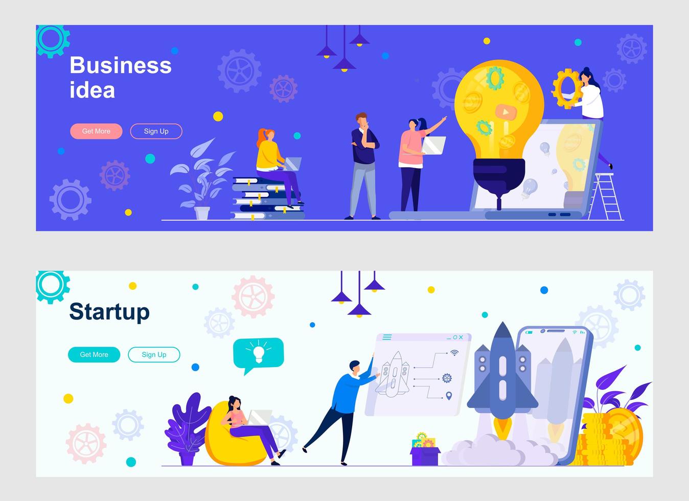 Startup launching landing pages with people vector