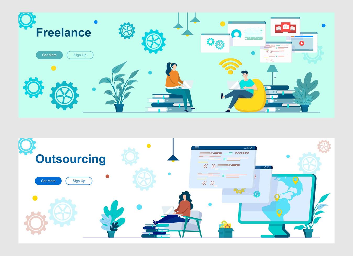 Freelance and outsourcing landing pages with people vector