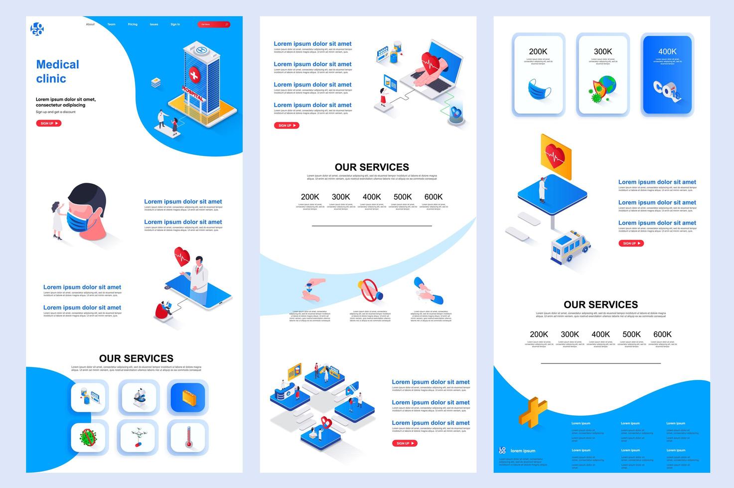 Medical clinic isometric landing page. vector