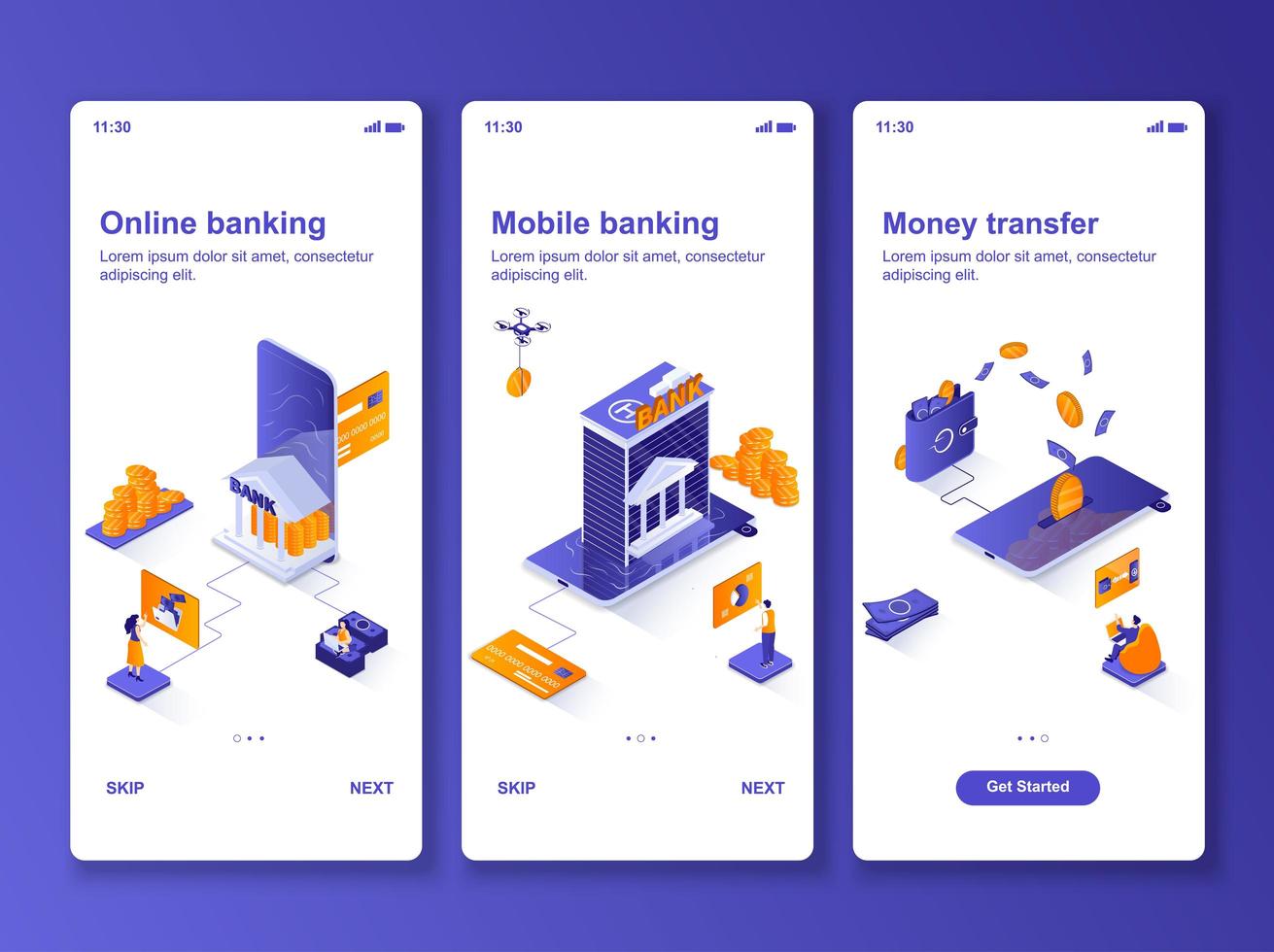 Online banking isometric GUI design kit. vector