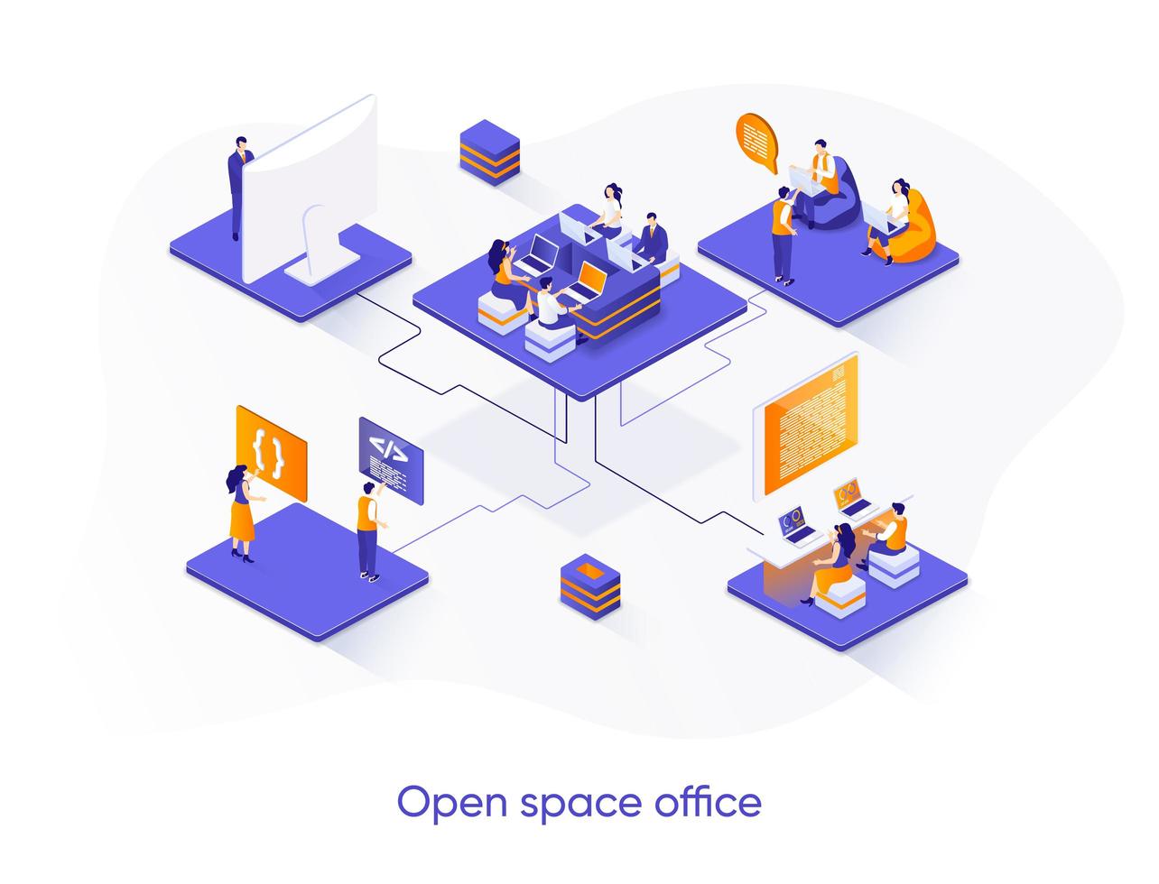 Open space office isometric web banner. vector