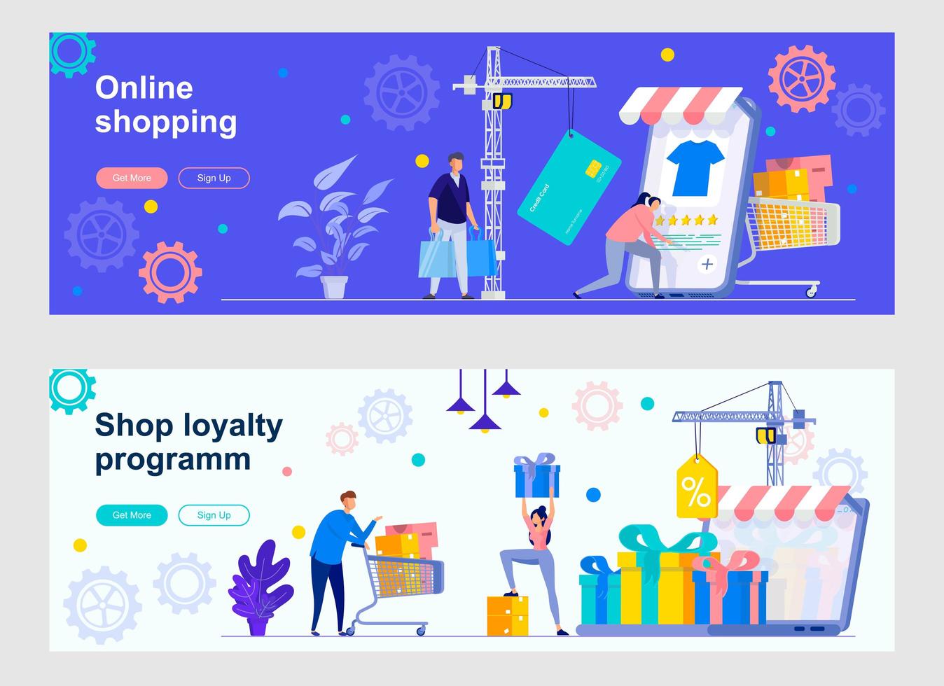 Online shopping marketplace landing pages with people vector