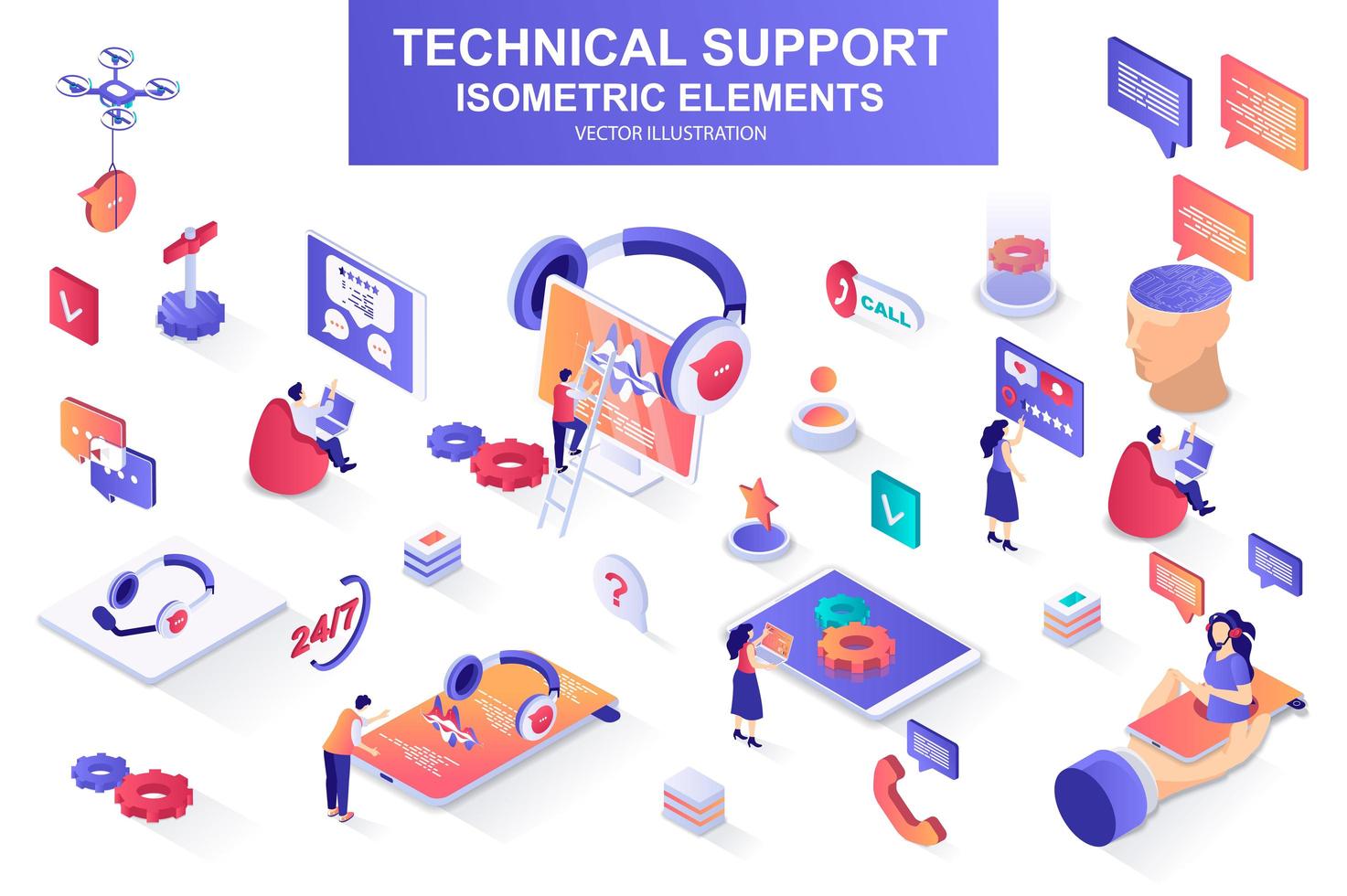 Technical support bundle of isometric elements. vector