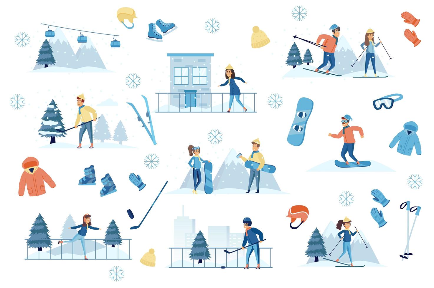 Winter sports bundle of flat scenes. vector