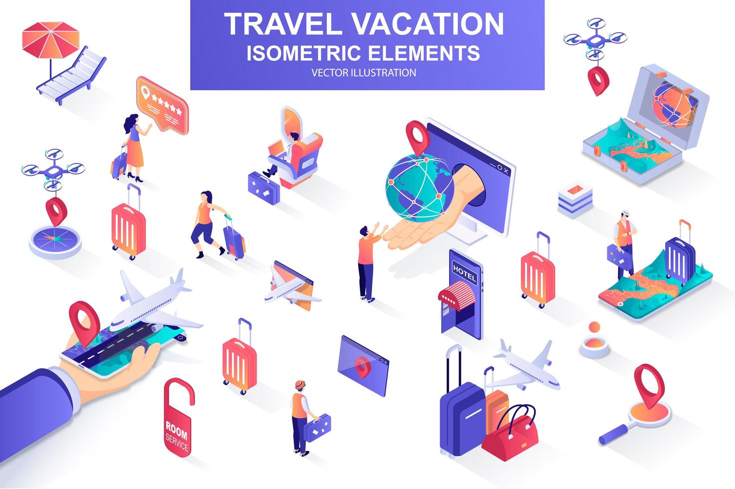 Travel vacation bundle of isometric elements. vector