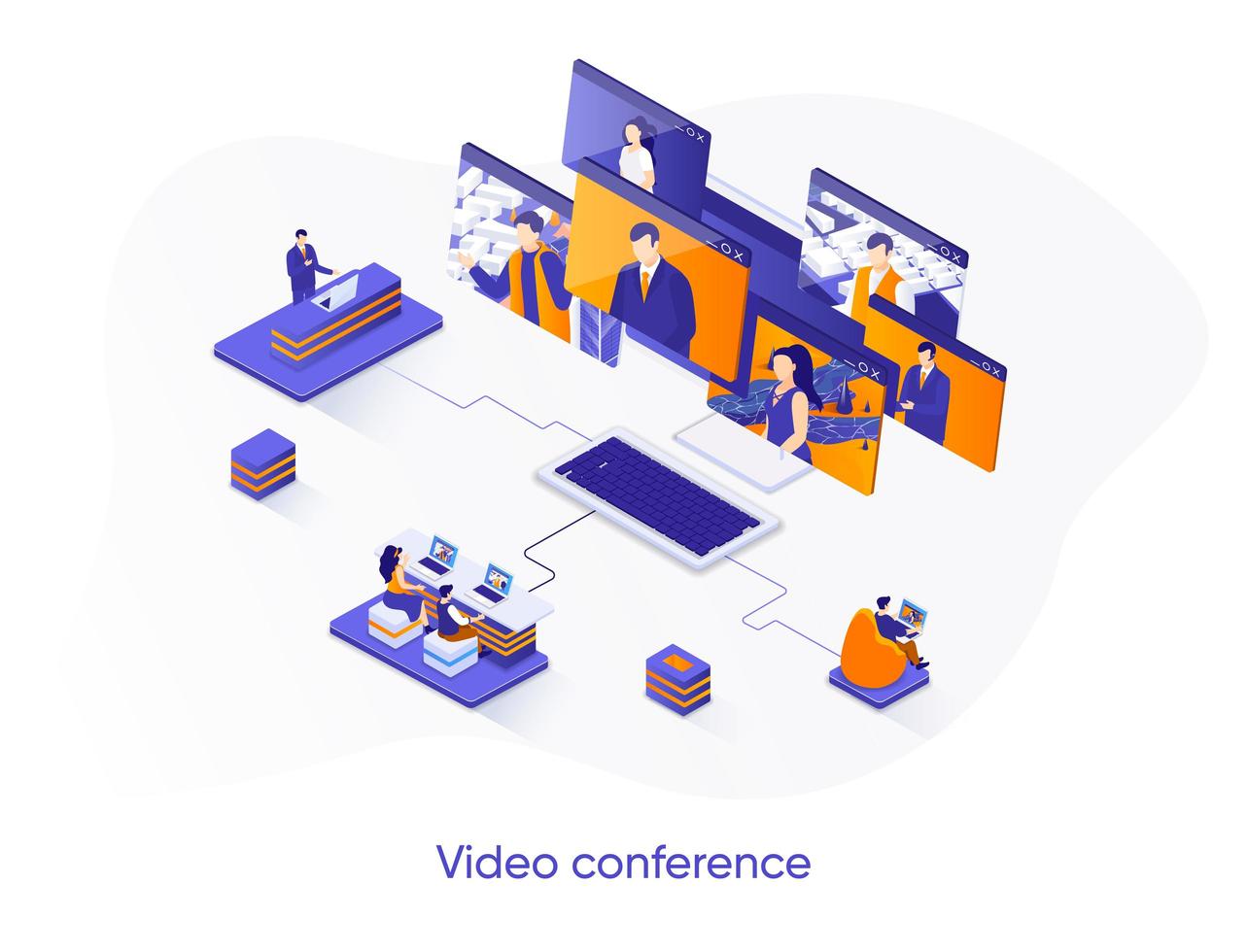 Video conference isometric web banner. vector