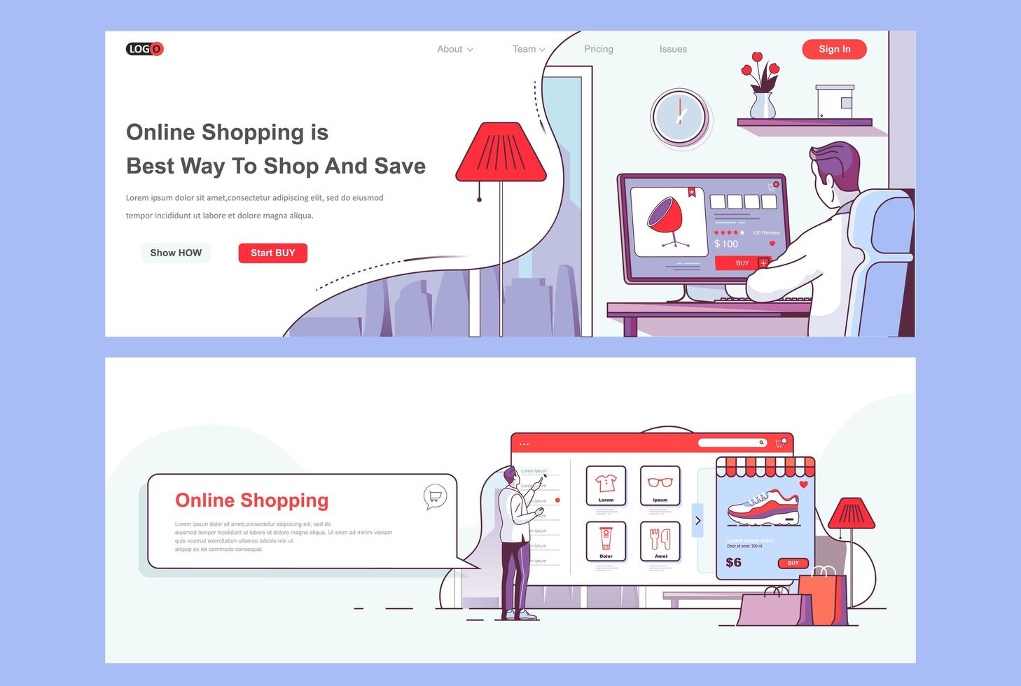 Online shopping landing pages set. vector