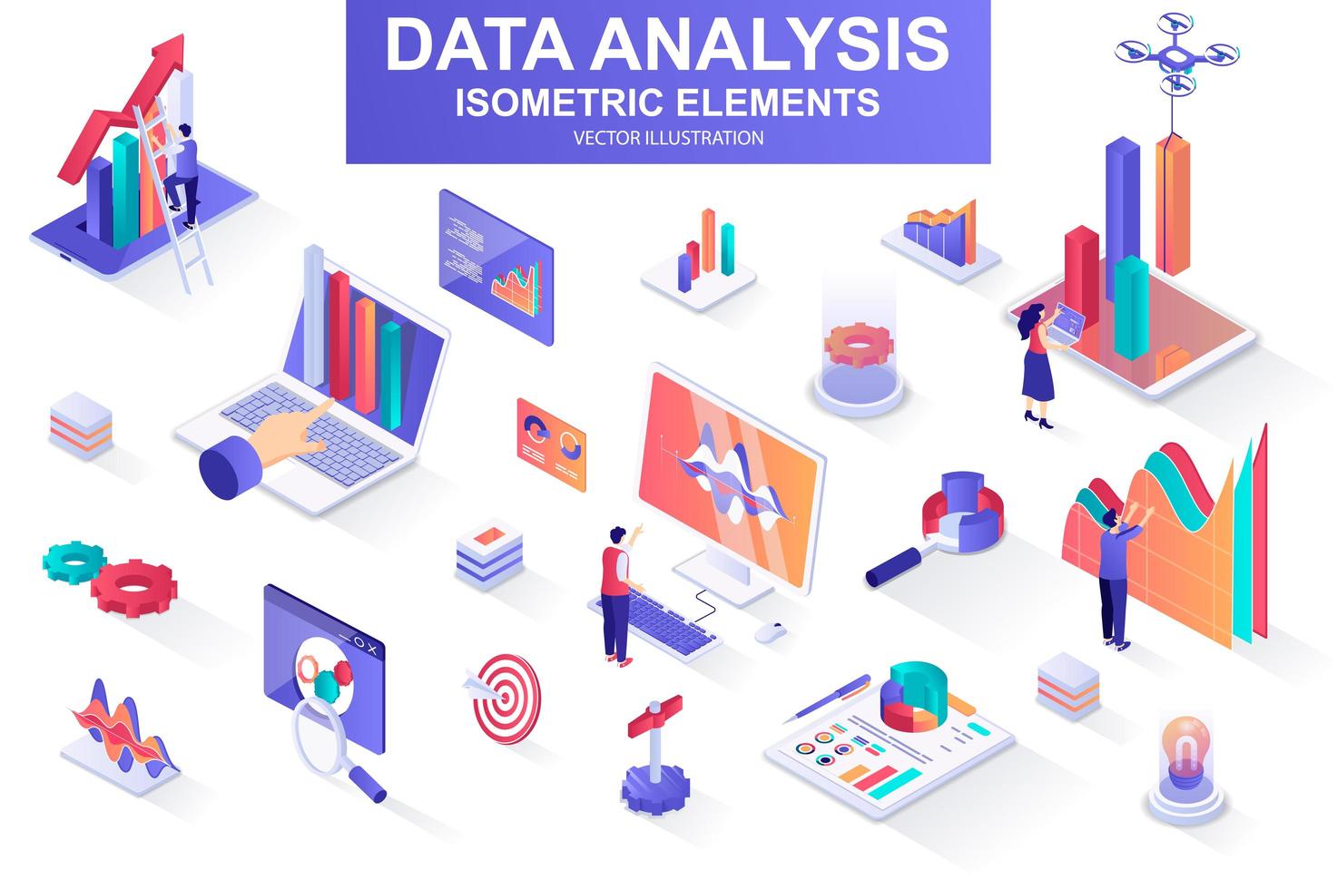 paquete de análisis de datos de elementos isométricos. vector