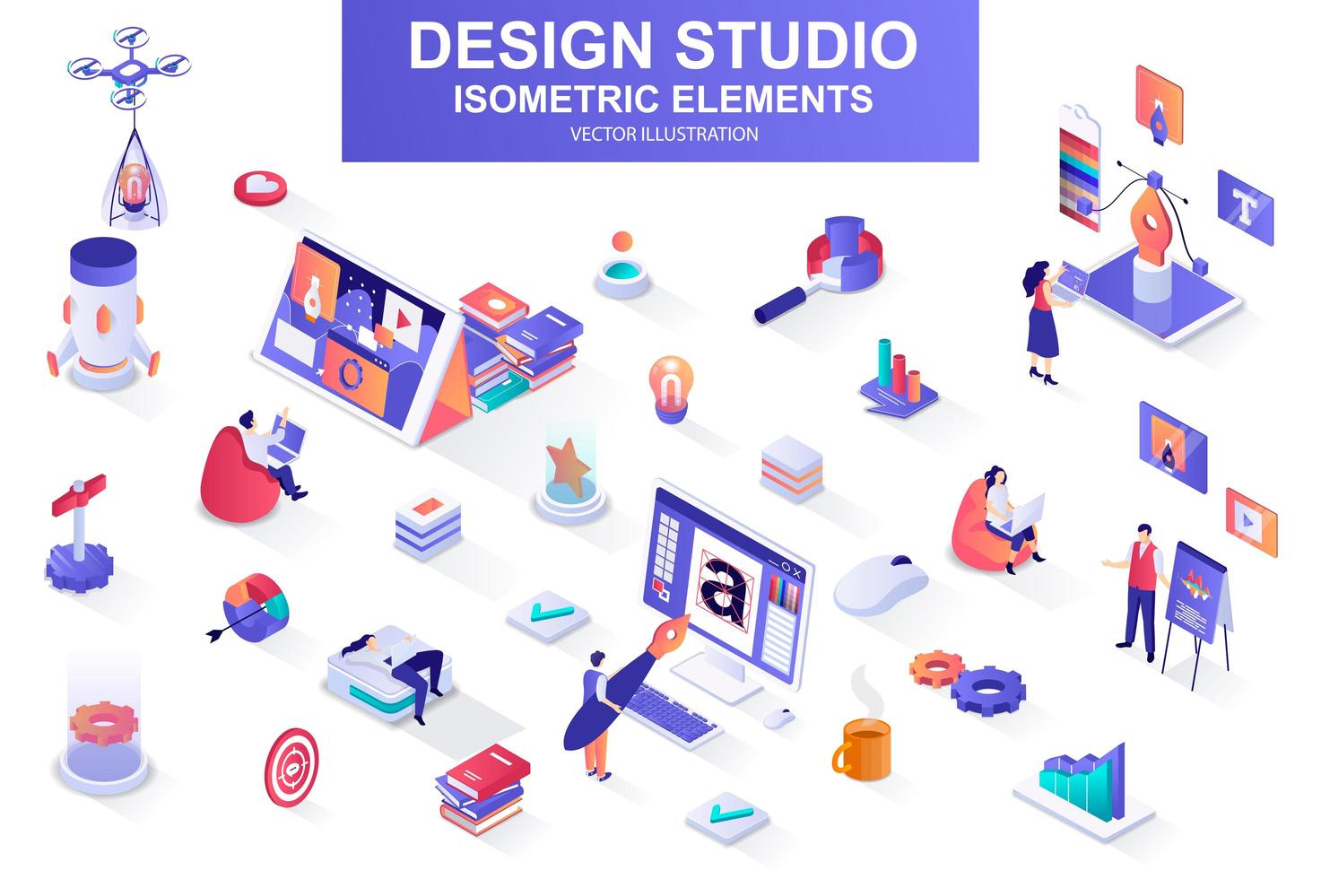 Design studio bundle of isometric elements. vector