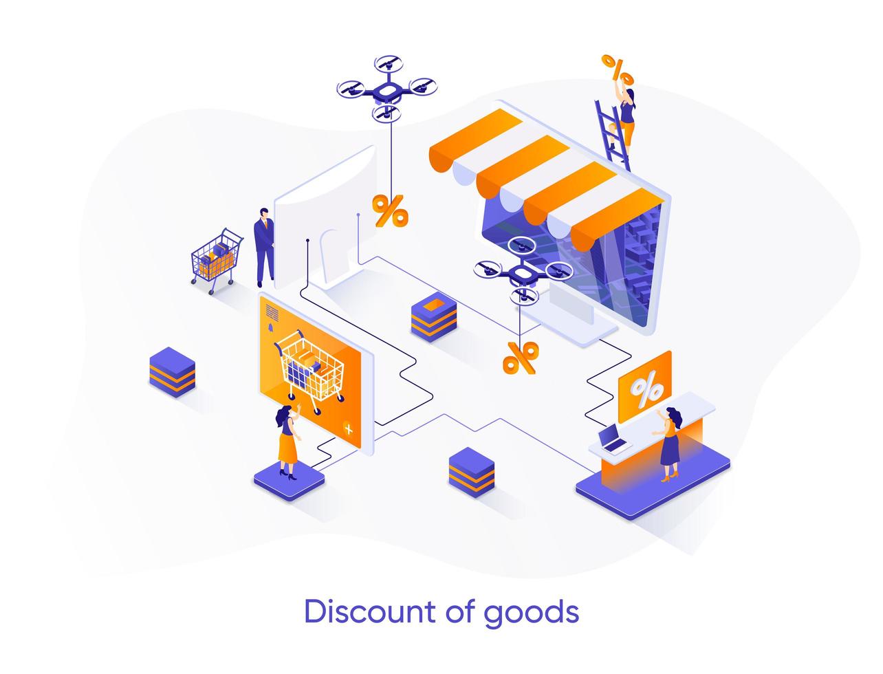 Discount of goods isometric web banner. vector