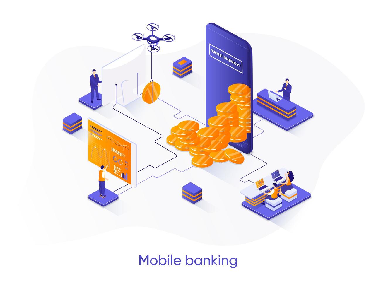 Mobile banking isometric web banner. vector