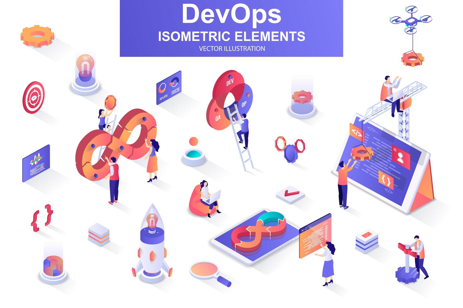 DevOps bundle of isometric elements. vector