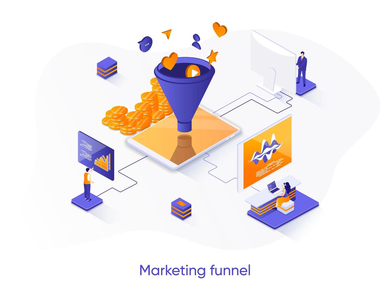 Marketing funnel isometric web banner. vector