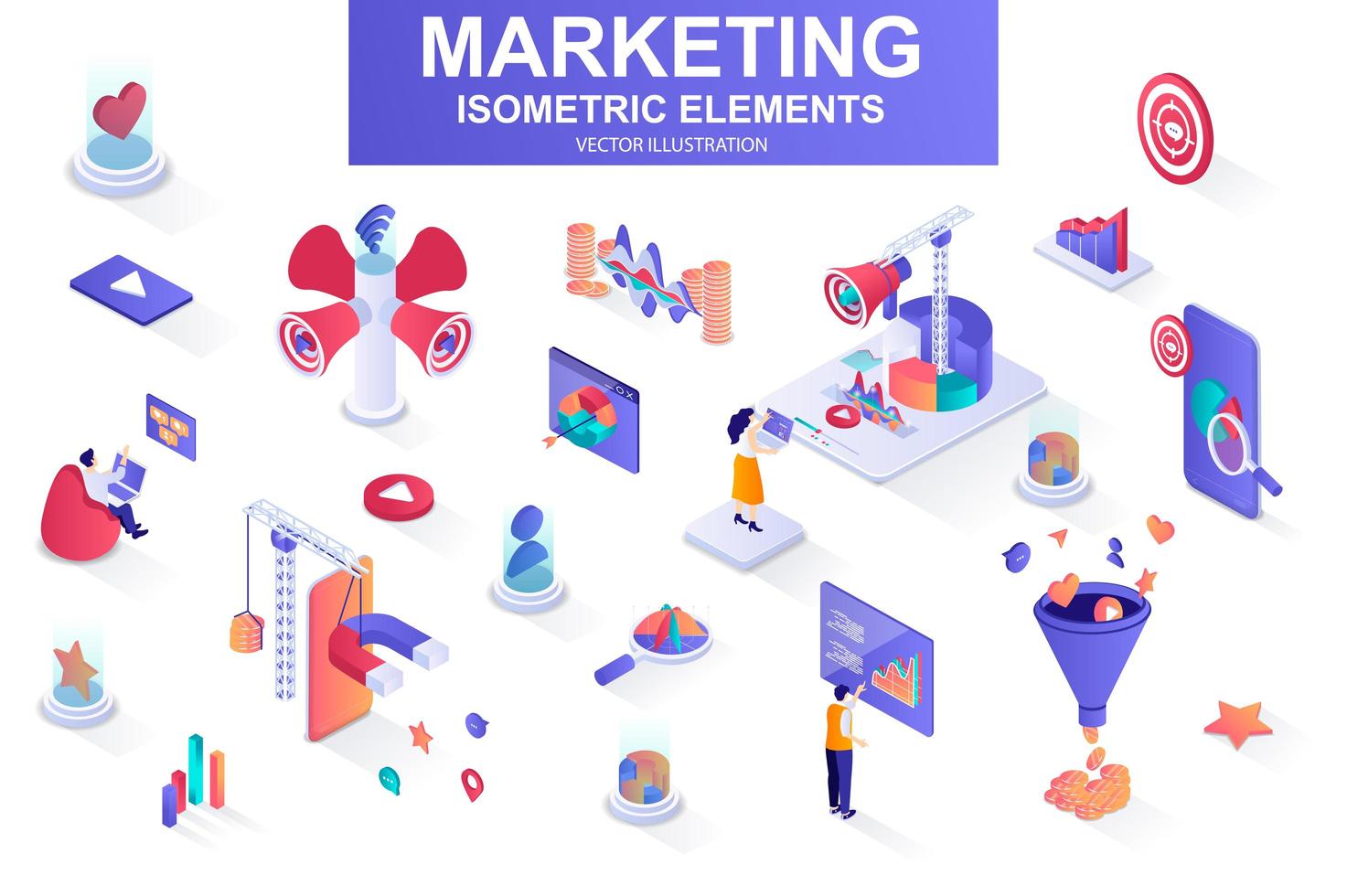 Marketing strategy bundle of isometric elements. vector