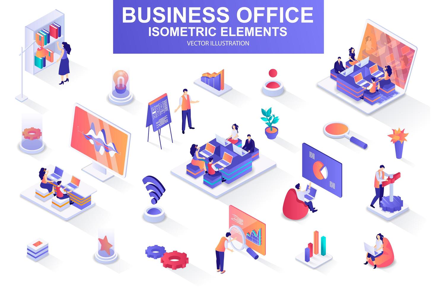 Business office bundle of isometric elements. vector